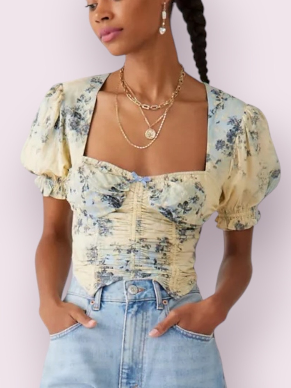 Urban Outfitters Kyra Ruched Corset Inspired Top Yellow Blue Cropped Medium